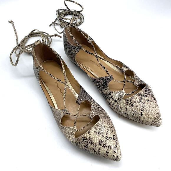 BANANA REPUBLIC 7.5 Flats Pointy Toe Faux Reptile Snake Lace-Up Ankle-Tie Shoes - Picture 1 of 8
